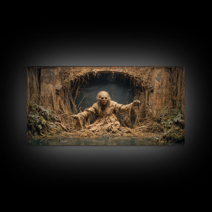 The Bog Mummy, Northern Renaissance Horror, Wide Panoramic Art, Dark Halloween Decor, Canvas Print, Halloween Wall Art
