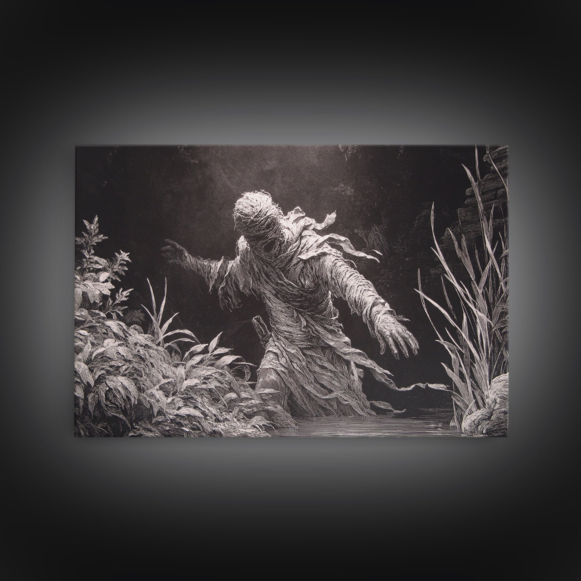 The Bog Mummy, Architectural Etching Art, Landscape Wall Art, Dark Halloween Decor, Framed Canvas Print, Halloween Wall Art