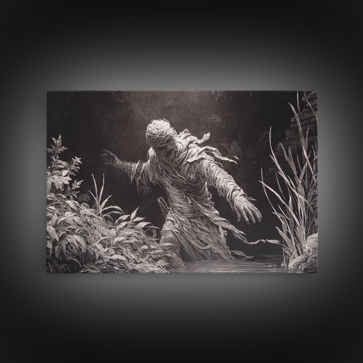 The Bog Mummy, Architectural Etching Art, Landscape Wall Art, Dark Halloween Decor, Framed Canvas Print, Halloween Wall Art