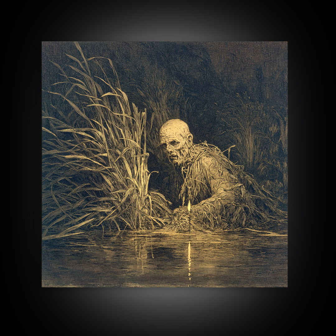 The Bog Mummy, Symbolist Etching Art, Square Wall Art, Macabre Wall Art, Framed Canvas Print, Halloween Wall Art, Seasonal Home Decor