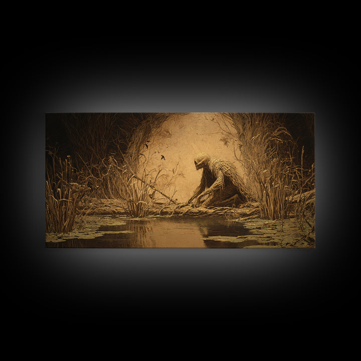 The Bog Mummy, Expressionist Nightmare Art, Wide Panoramic Art, Macabre Wall Art, Framed Canvas Print, Halloween Wall Art, Halloween Decor