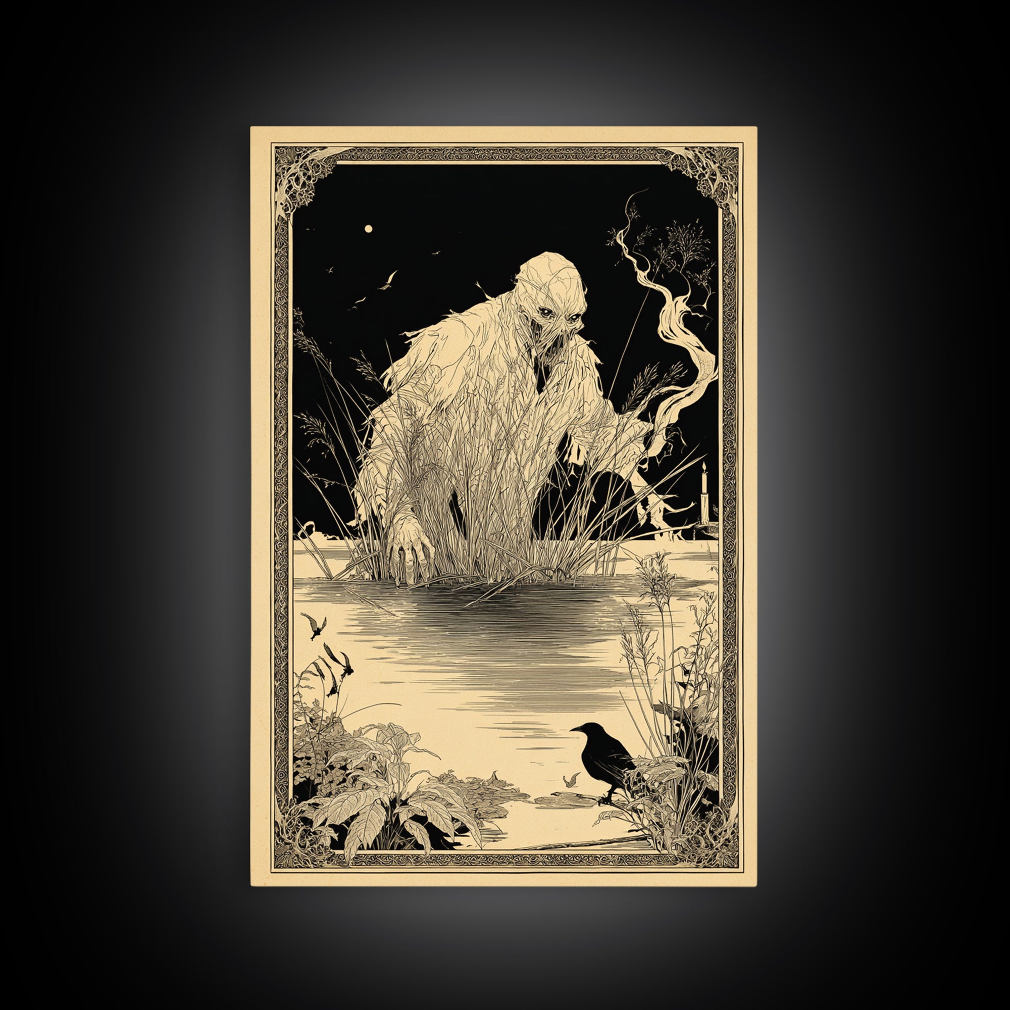 The Bog Mummy, Decadent Line Art, Vertical Wall Art, Dark Fantasy Wall Art, Framed Canvas Print, Halloween Wall Art