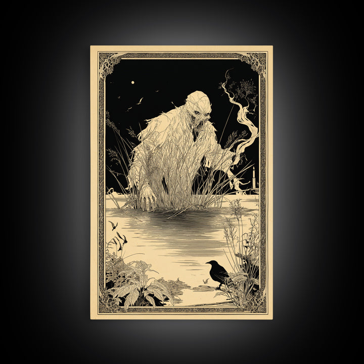 The Bog Mummy, Decadent Line Art, Vertical Wall Art, Dark Fantasy Wall Art, Framed Canvas Print, Halloween Wall Art