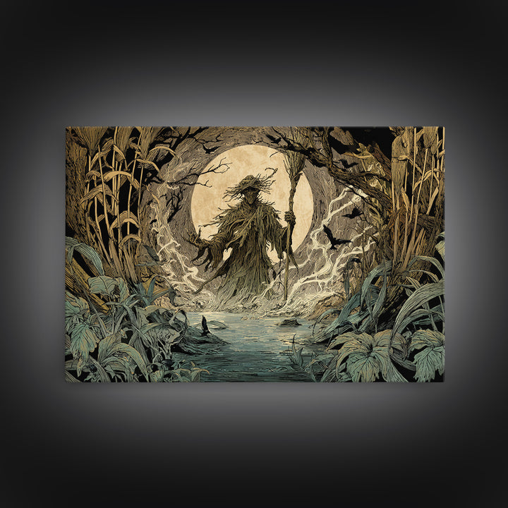 The Bog Mummy, Gothic Storybook Art, Landscape Wall Art, Dark Halloween Decor, Framed Canvas Print, Halloween Wall Art
