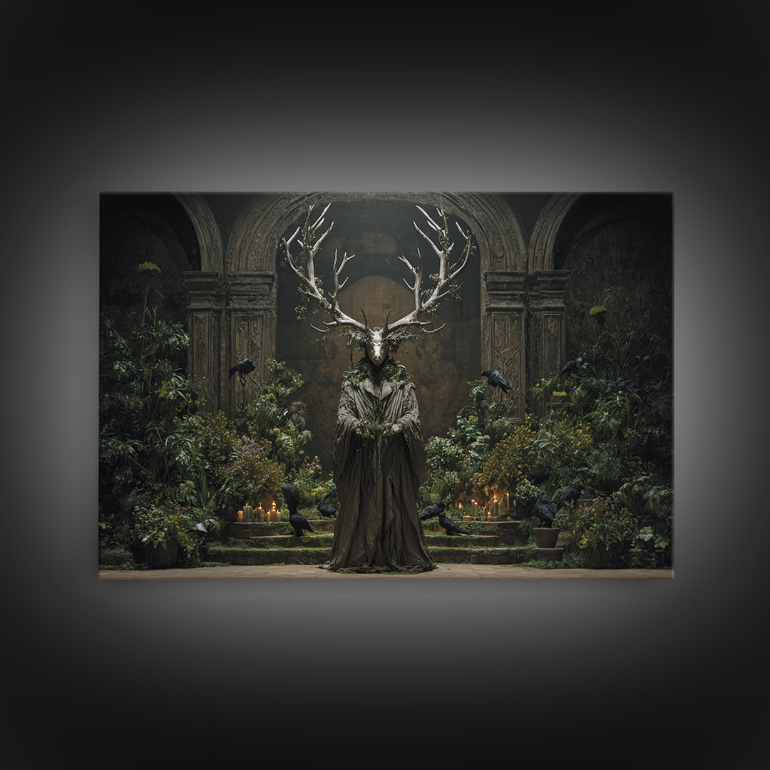The Antlered Forest Spirit, Medieval Grotesque Art, Landscape Wall Art, Dark Halloween Decor, Canvas Print, Halloween Wall Art