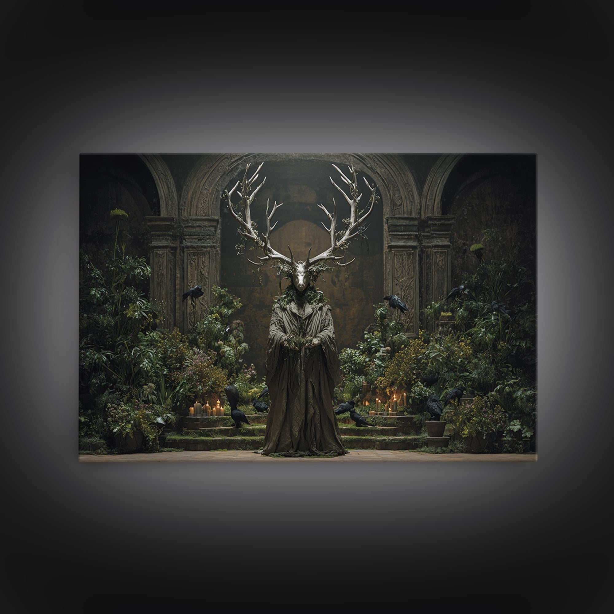 The Antlered Forest Spirit, Medieval Grotesque Art, Landscape Wall Art, Dark Halloween Decor, Canvas Print, Halloween Wall Art