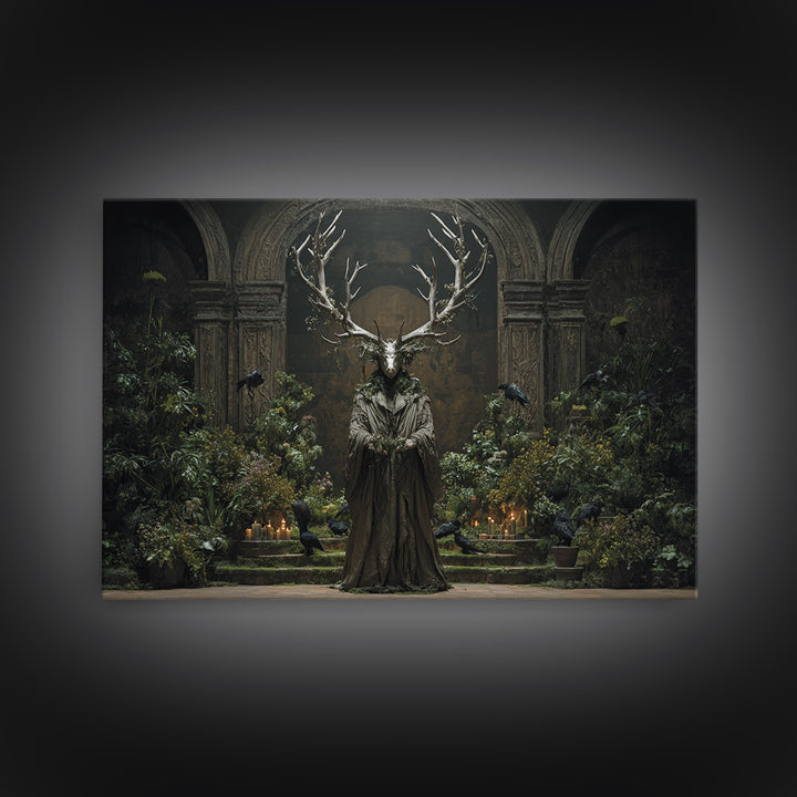 The Antlered Forest Spirit, Medieval Grotesque Art, Landscape Wall Art, Dark Halloween Decor, Canvas Print, Halloween Wall Art