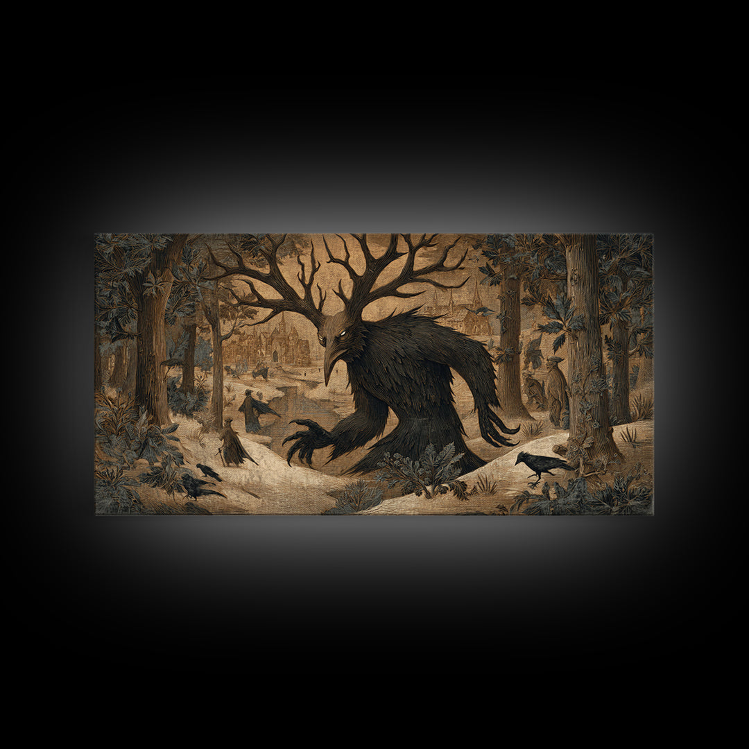 The Antlered Forest Spirit, Northern Renaissance Horror, Wide Panoramic Art, Macabre Wall Art, Canvas Print, Halloween Wall Art