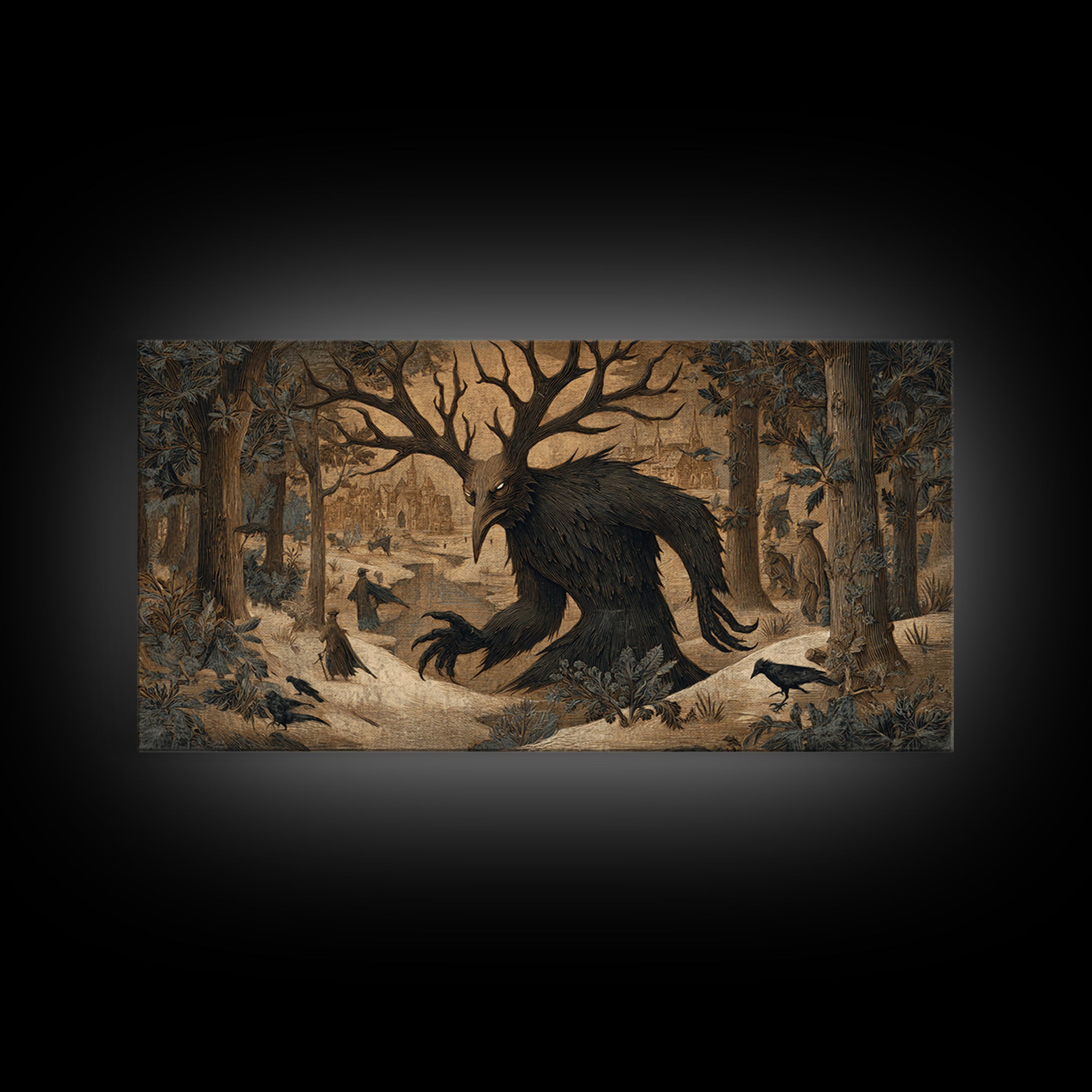 The Antlered Forest Spirit, Northern Renaissance Horror, Wide Panoramic Art, Macabre Wall Art, Canvas Print, Halloween Wall Art