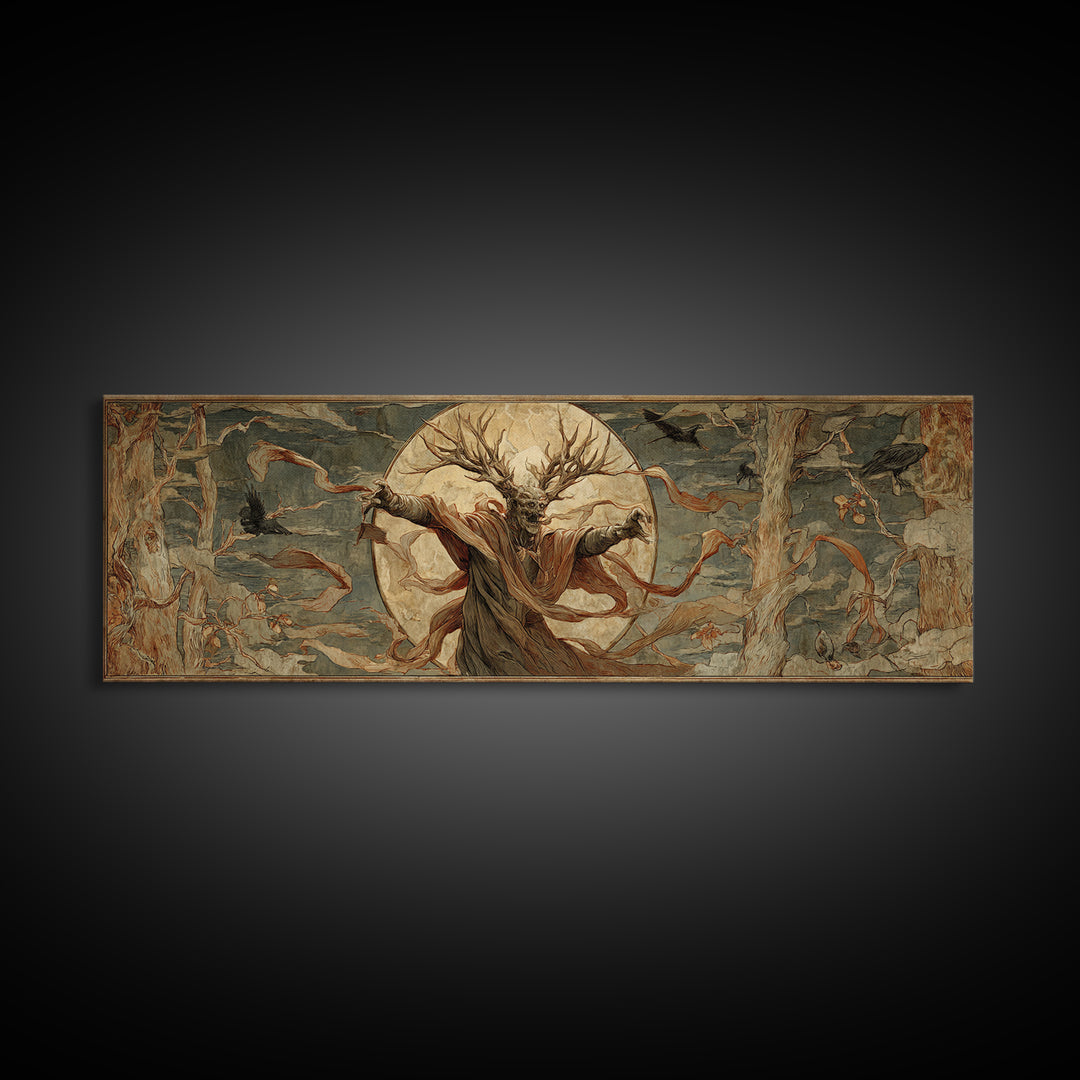 The Antlered Forest Spirit, Dark Renaissance Art, Extra Wide Wall Art, Macabre Wall Art, Canvas Print, Halloween Wall Art