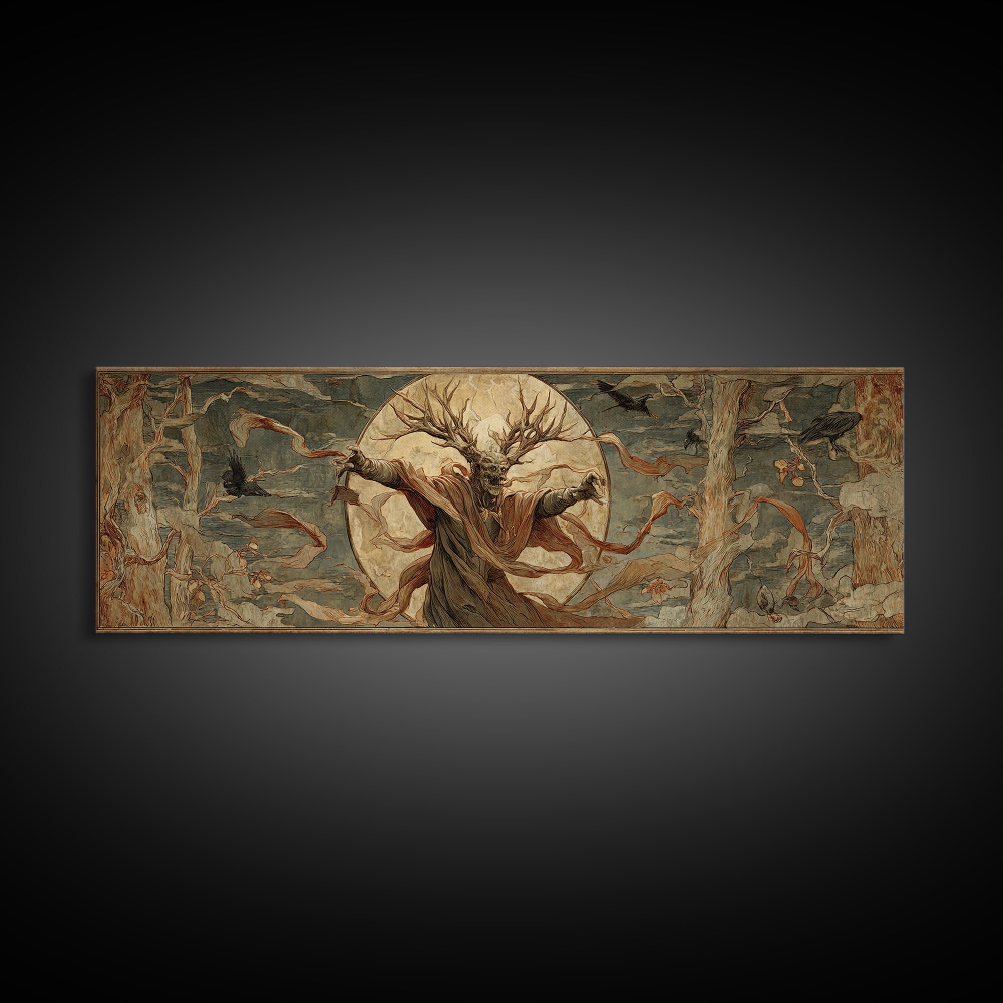 The Antlered Forest Spirit, Dark Renaissance Art, Extra Wide Wall Art, Macabre Wall Art, Canvas Print, Halloween Wall Art