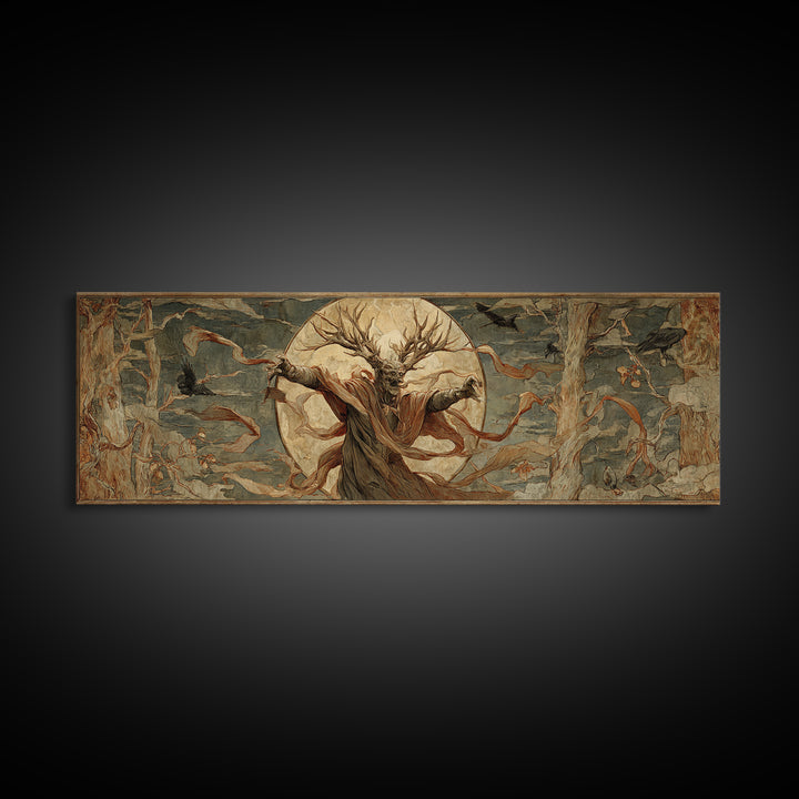 The Antlered Forest Spirit, Dark Renaissance Art, Extra Wide Wall Art, Macabre Wall Art, Canvas Print, Halloween Wall Art