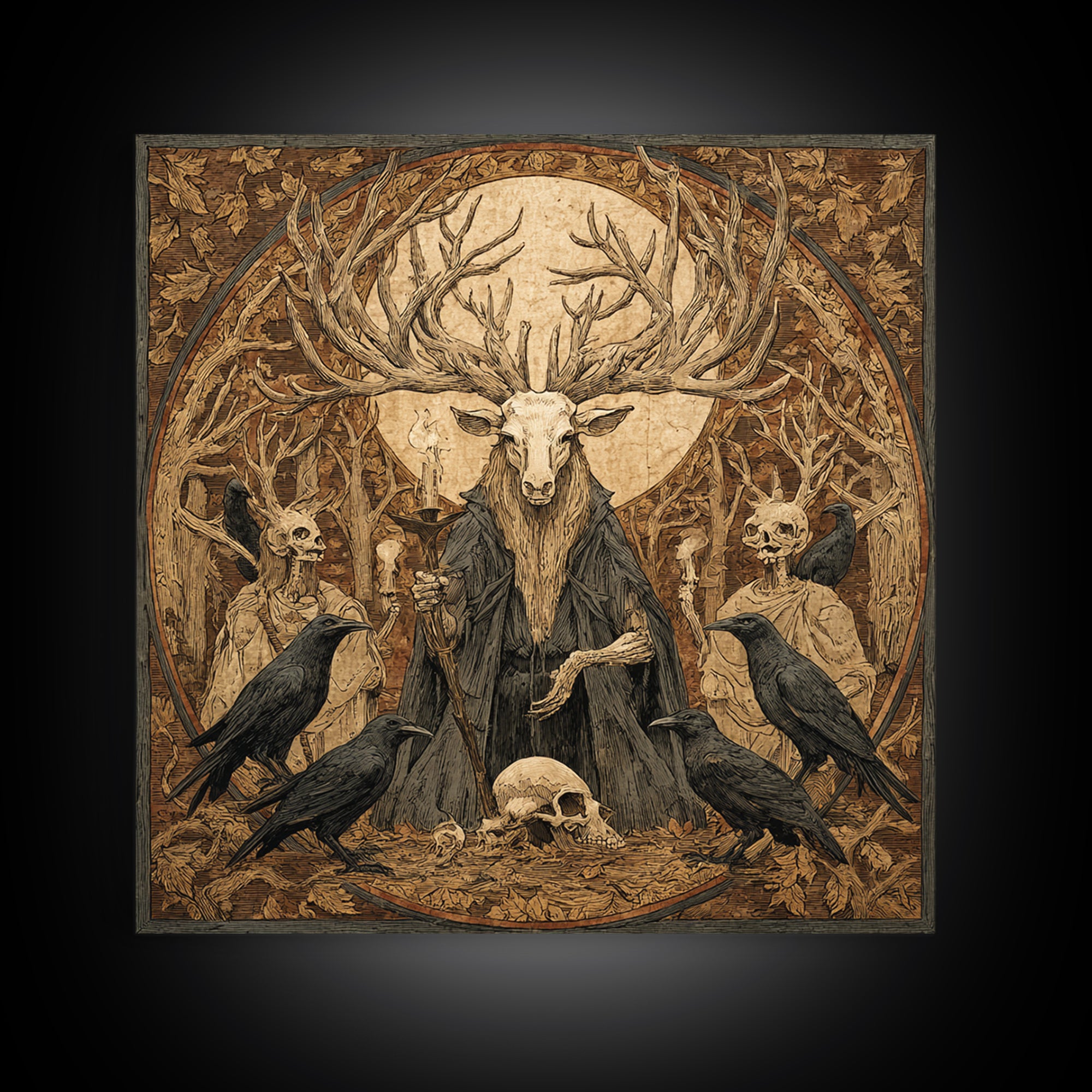 The Antlered Forest Spirit, Danse Macabre Art, Square Wall Art, Dark Halloween Decor, Framed Canvas Print