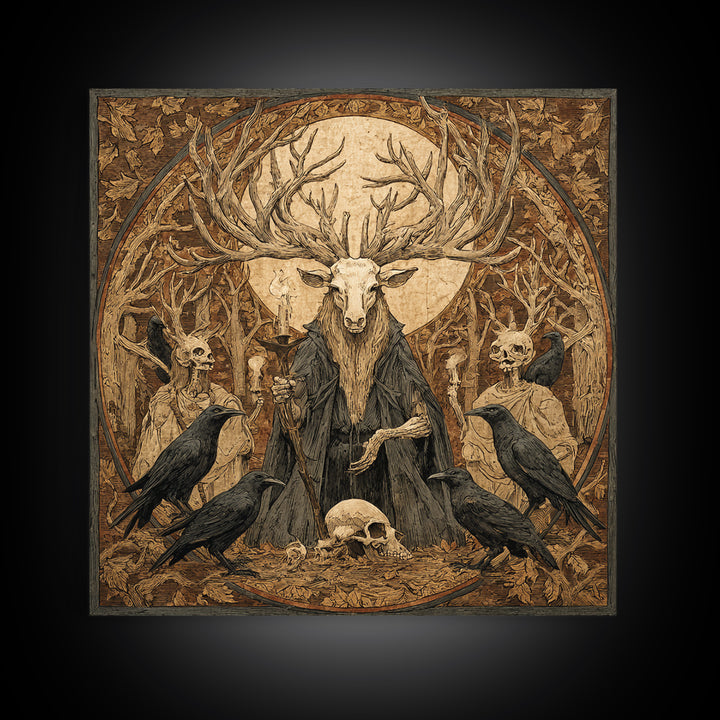 The Antlered Forest Spirit, Danse Macabre Art, Square Wall Art, Dark Halloween Decor, Framed Canvas Print