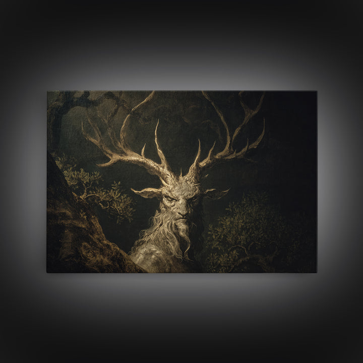 The Antlered Forest Spirit, Baroque Witchcraft Art, Landscape Wall Art, Macabre Wall Art, Framed Canvas Print, Halloween Wall Art