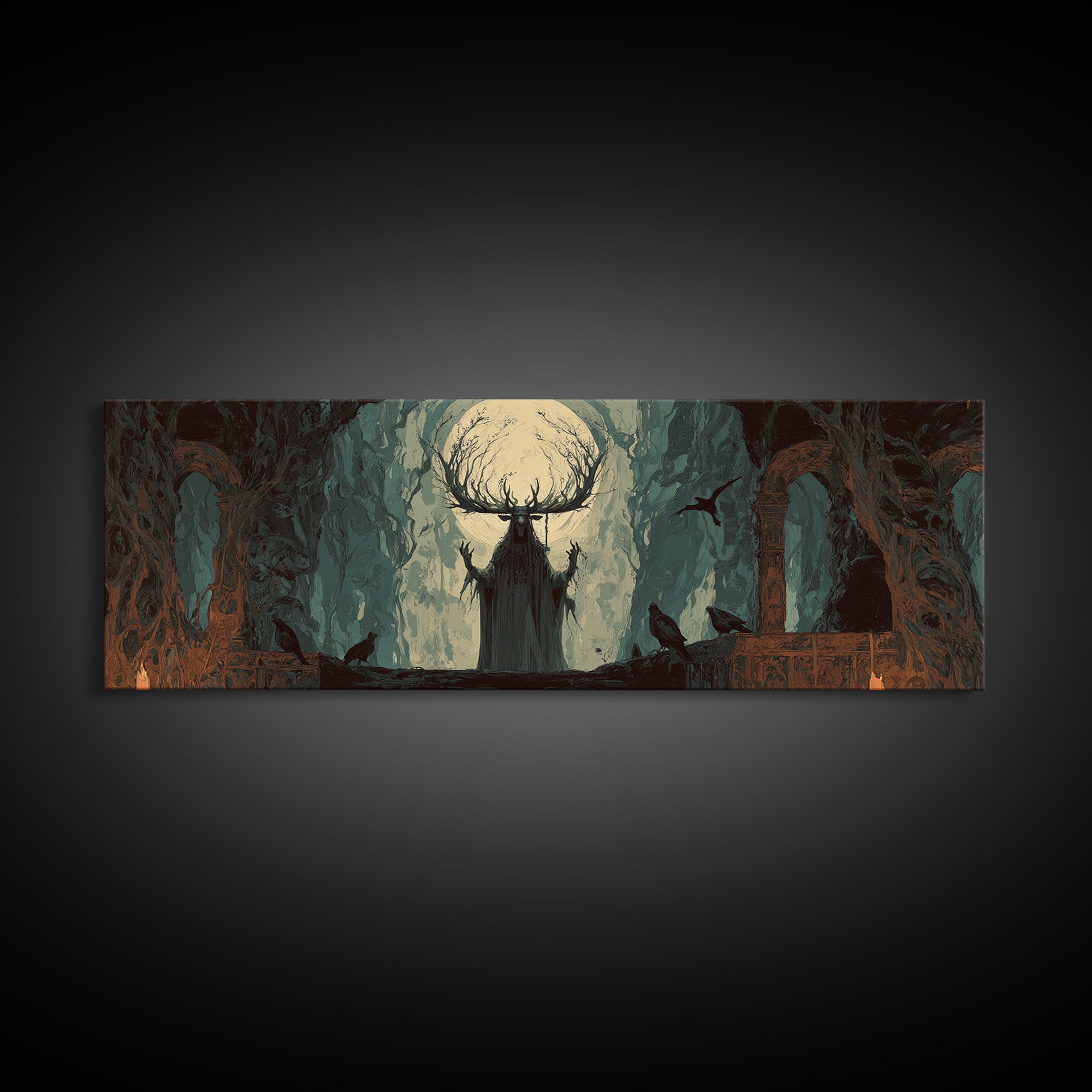 The Antlered Forest Spirit, Dark Romantic Horror Art, Extra Wide Wall Art, Dark Halloween Decor, Canvas Print, Halloween Wall Art