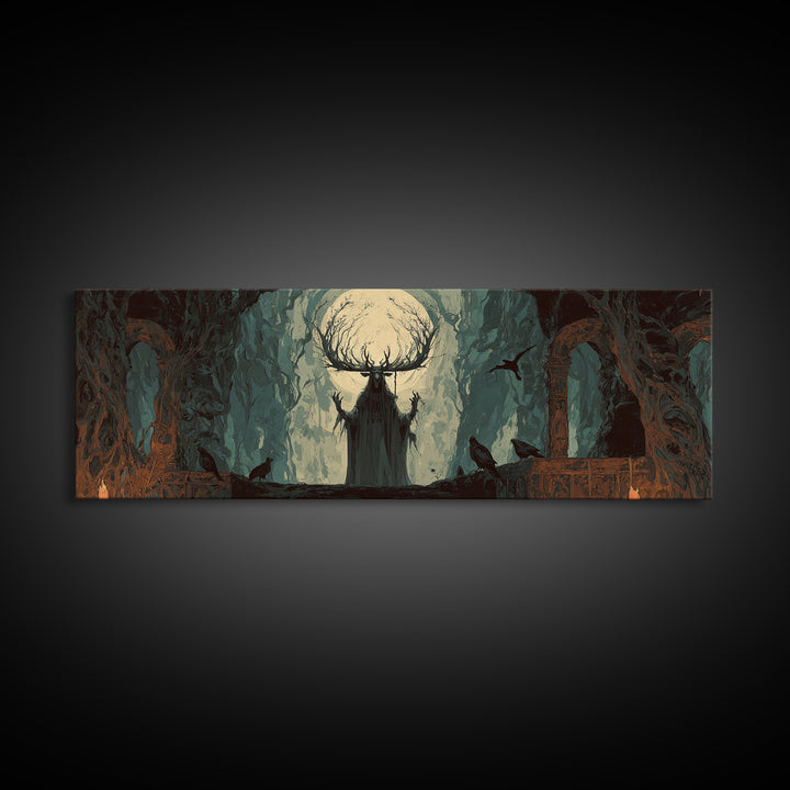 The Antlered Forest Spirit, Dark Romantic Horror Art, Extra Wide Wall Art, Dark Halloween Decor, Canvas Print, Halloween Wall Art
