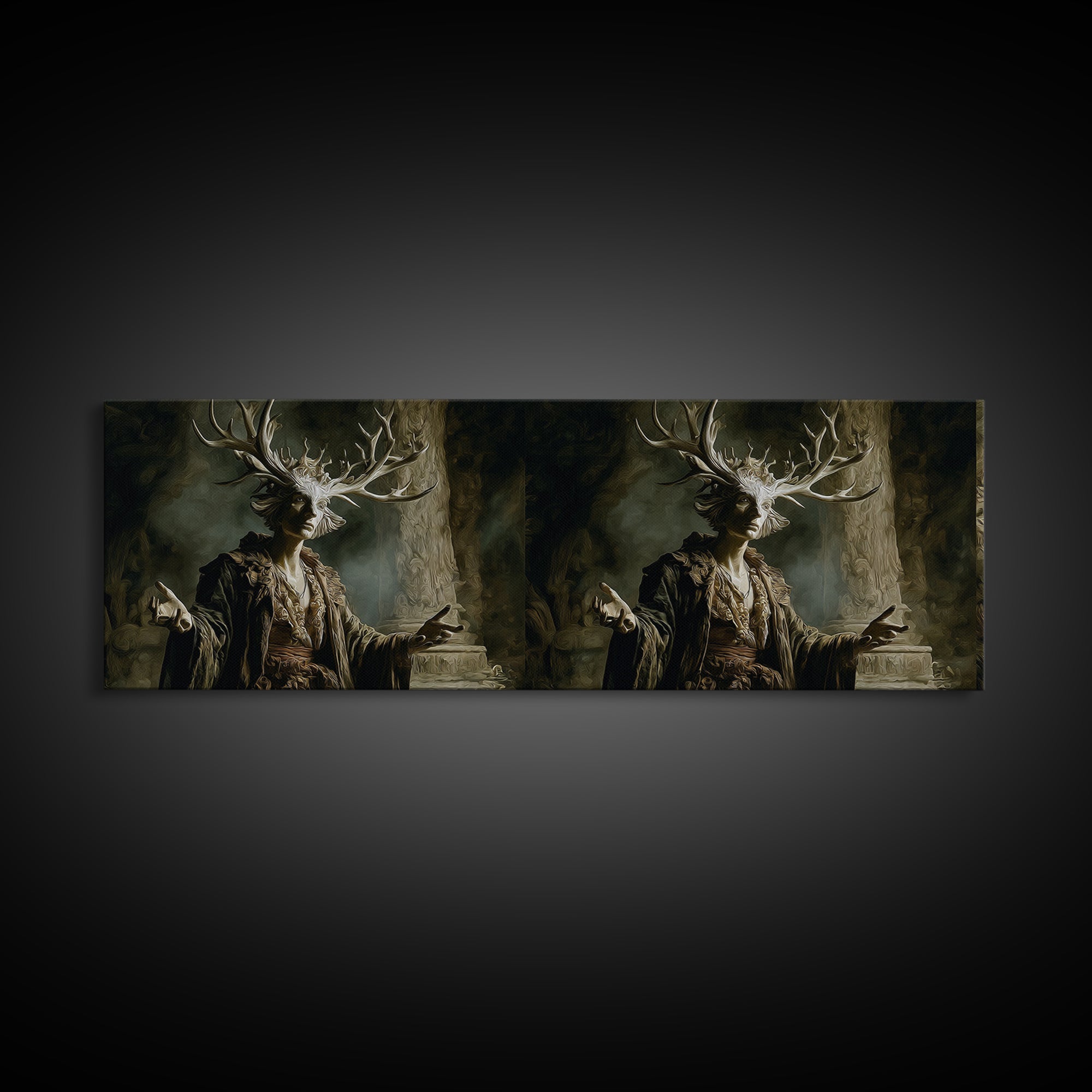 The Antlered Forest Spirit, Gothic Nightmare Art, Extra Wide Wall Art, Dark Fantasy Wall Art, Framed Canvas Print, Halloween Wall Art