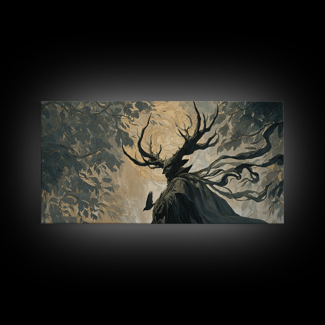 The Antlered Forest Spirit, Visionary Gothic Art, Wide Panoramic Art, Dark Fantasy Wall Art, Canvas Print, Halloween Wall Art