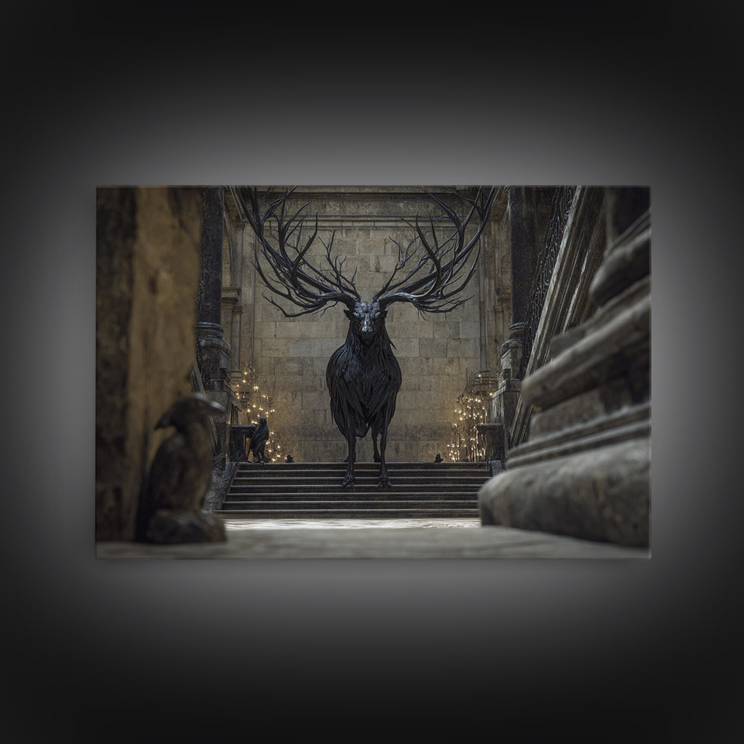 The Antlered Forest Spirit, Architectural Etching Art, Landscape Wall Art, Dark Fantasy Wall Art, Canvas Print
