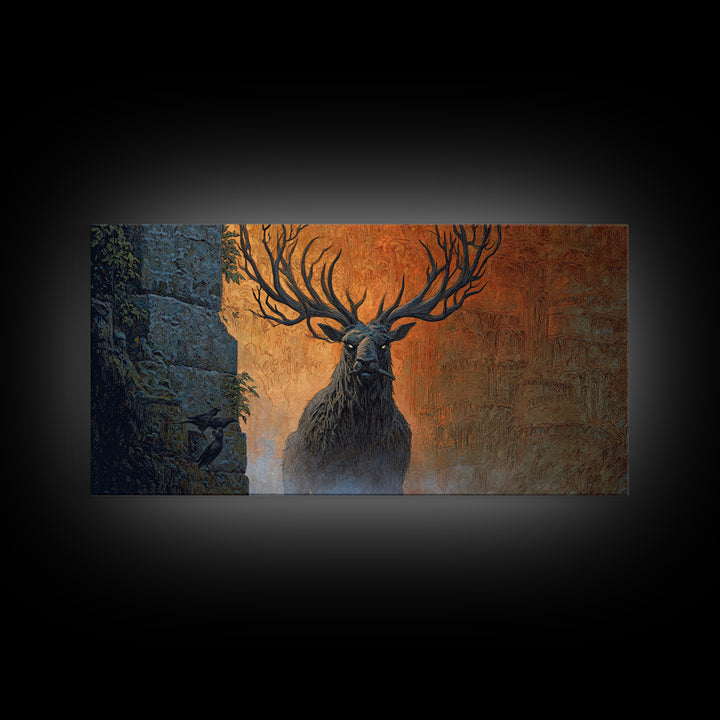 The Antlered Forest Spirit, Apocalyptic Romantic Art, Wide Panoramic Art, Gothic Horror Wall Art, Canvas Print, Halloween Wall Art