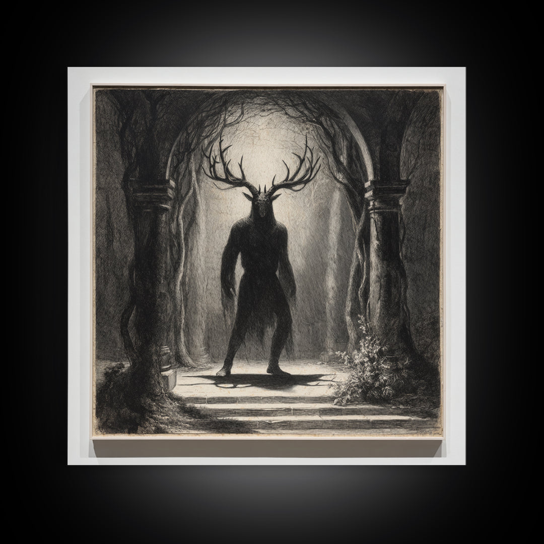The Antlered Forest Spirit, Symbolist Dream Art, Square Wall Art, Macabre Wall Art, Canvas Print, Halloween Wall Art