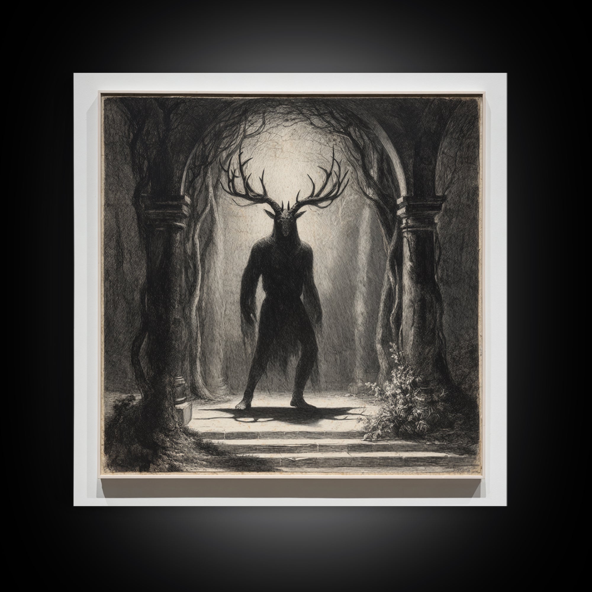 The Antlered Forest Spirit, Symbolist Dream Art, Square Wall Art, Macabre Wall Art, Canvas Print, Halloween Wall Art