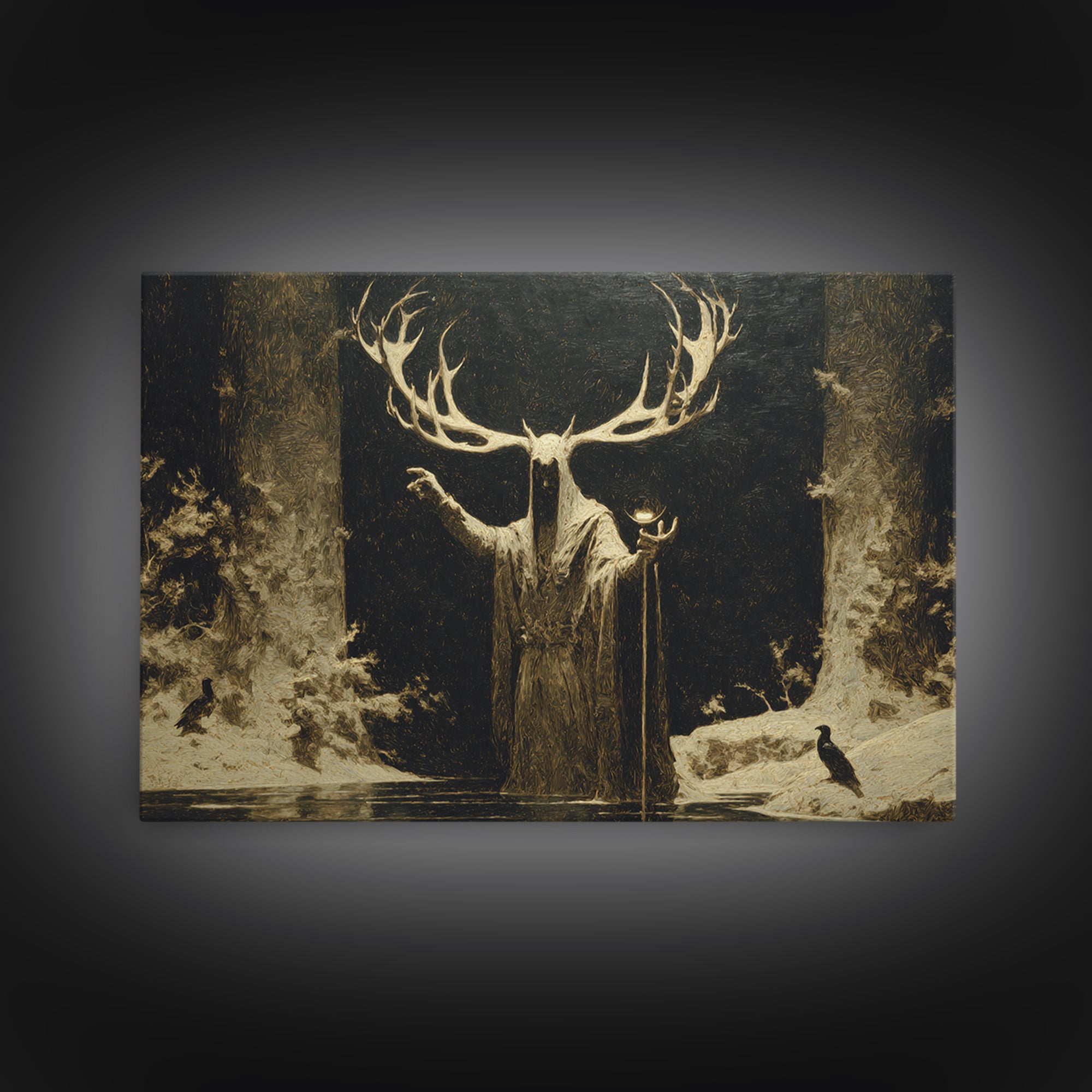 The Antlered Forest Spirit, Symbolist Gothic Landscape, Landscape Wall Art, Dark Fantasy Wall Art, Framed Canvas Print, Halloween Wall Art
