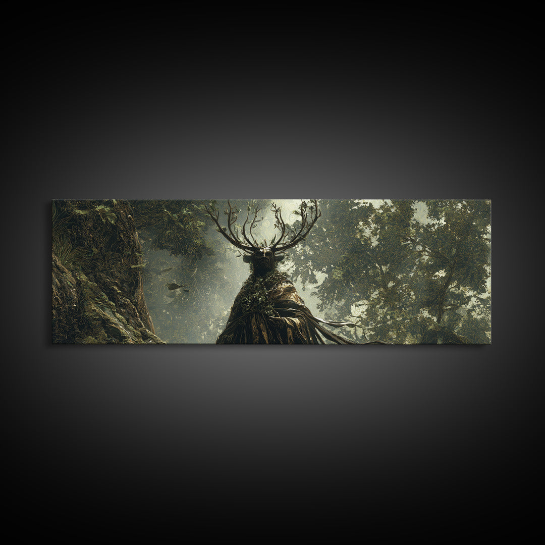 The Antlered Forest Spirit, Ornate Symbolist Art, Extra Wide Wall Art, Macabre Wall Art, Framed Canvas Print, Halloween Wall Art