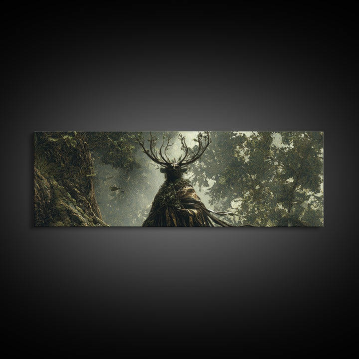 The Antlered Forest Spirit, Ornate Symbolist Art, Extra Wide Wall Art, Macabre Wall Art, Framed Canvas Print, Halloween Wall Art