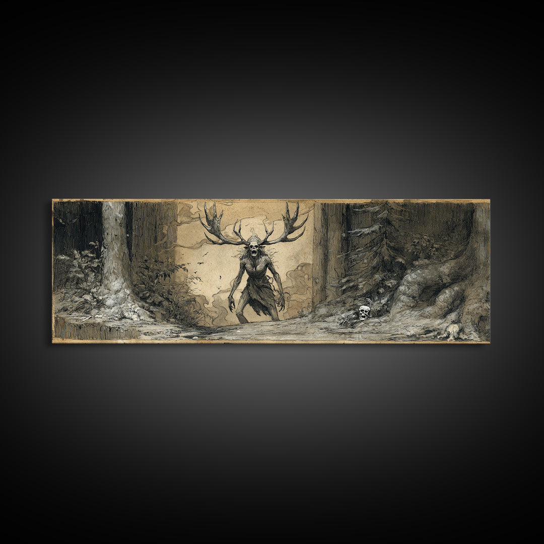 The Antlered Forest Spirit, Decadent Gothic Art, Extra Wide Wall Art, Macabre Wall Art, Framed Canvas Print, Halloween Wall Art