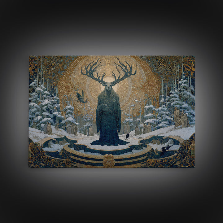The Antlered Forest Spirit, Symbolist Death Art, Landscape Wall Art, Macabre Wall Art, Framed Canvas Print, Halloween Wall Art