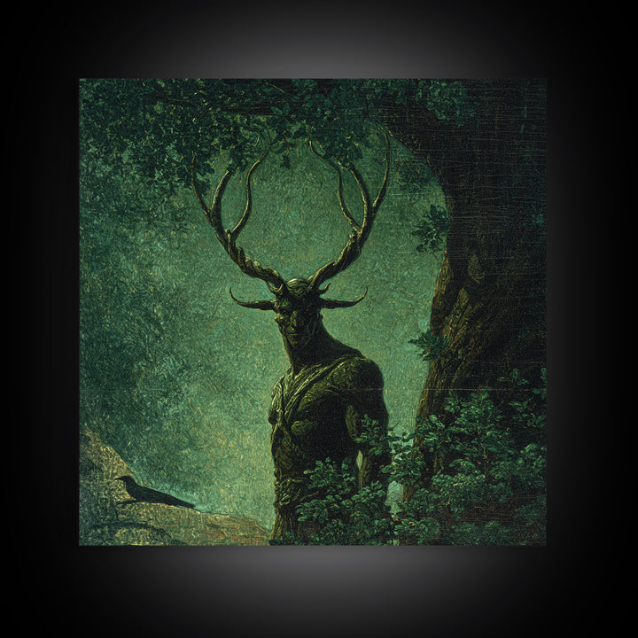 The Antlered Forest Spirit, Dark Symbolist Art, Square Wall Art, Macabre Wall Art, Canvas Print, Halloween Wall Art