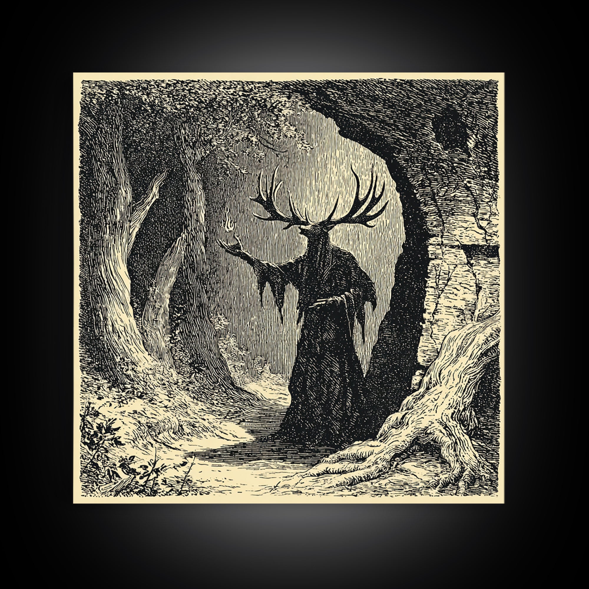 The Antlered Forest Spirit, Symbolist Etching Art, Square Wall Art, Dark Halloween Decor, Framed Canvas Print, Halloween Wall Art