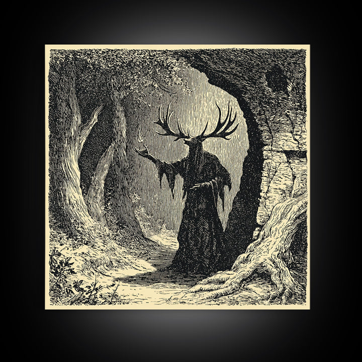 The Antlered Forest Spirit, Symbolist Etching Art, Square Wall Art, Dark Halloween Decor, Framed Canvas Print, Halloween Wall Art