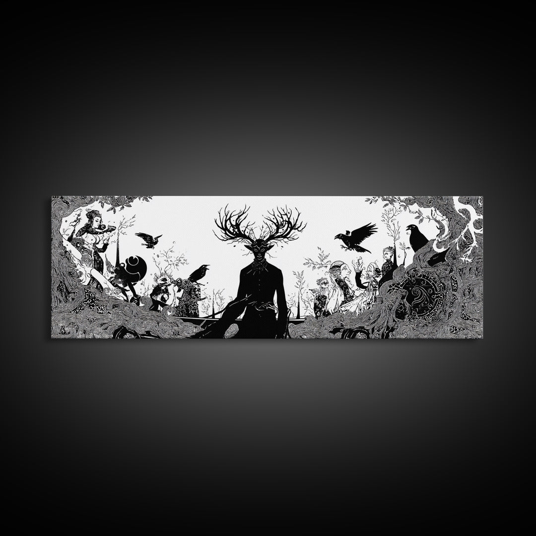 The Antlered Forest Spirit, Decadent Line Art, Extra Wide Wall Art, Dark Fantasy Wall Art, Canvas Print, Halloween Wall Art