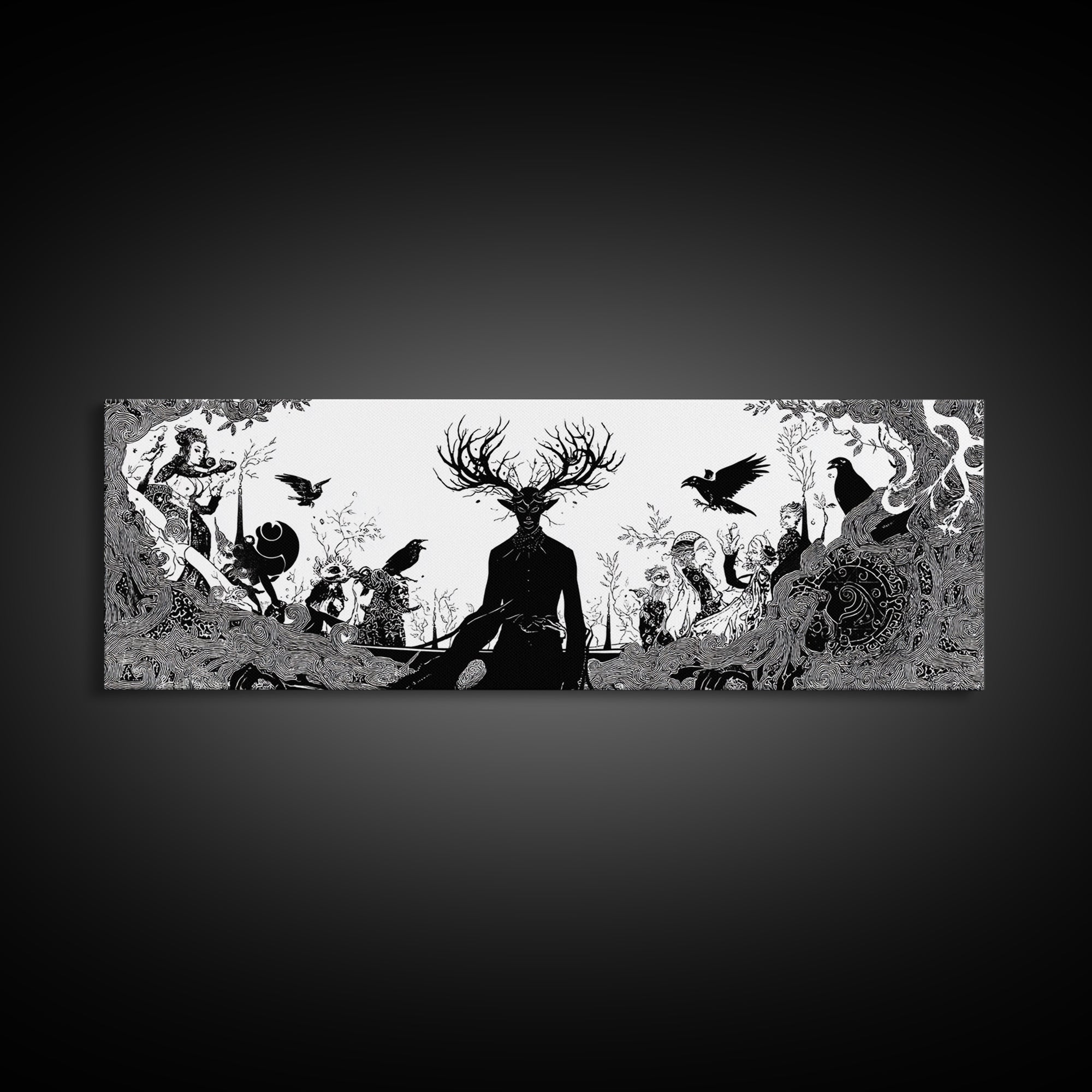 The Antlered Forest Spirit, Decadent Line Art, Extra Wide Wall Art, Dark Fantasy Wall Art, Canvas Print, Halloween Wall Art