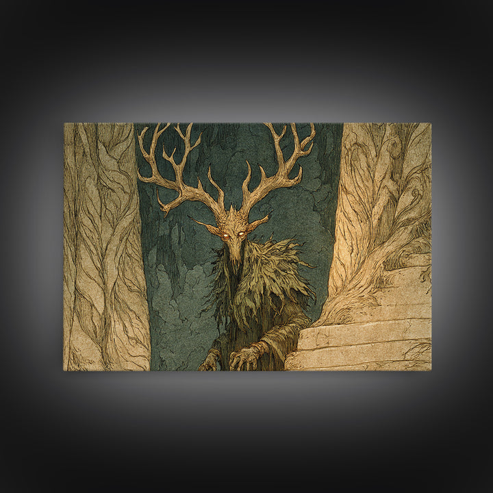 The Antlered Forest Spirit, Gothic Storybook Art, Landscape Wall Art, Dark Halloween Decor, Canvas Print, Halloween Wall Art