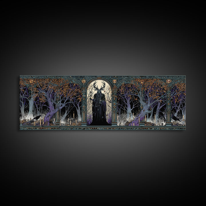 The Antlered Forest Spirit, Stained Glass Gothic Art, Extra Wide Wall Art, Dark Fantasy Wall Art, Framed Canvas Print, Halloween Wall Art