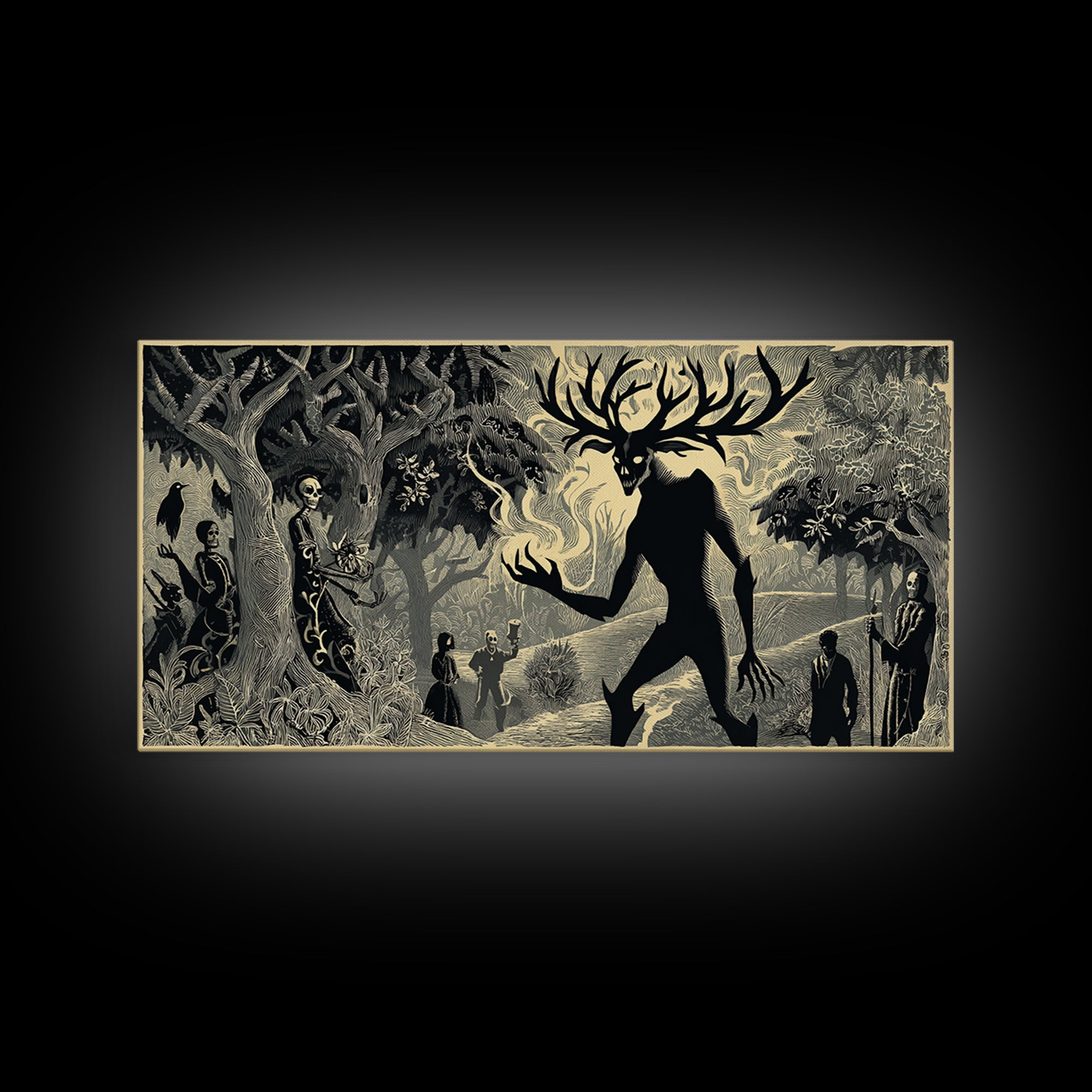 The Antlered Forest Spirit, Macabre Folk Print Art, Wide Panoramic Art, Dark Fantasy Wall Art, Canvas Print, Halloween Wall Art