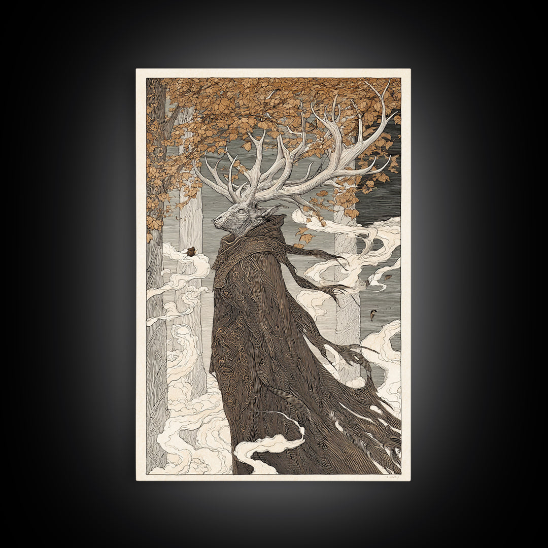 The Antlered Forest Spirit, Victorian Macabre Art, Vertical Wall Art, Gothic Horror Wall Art, Framed Canvas Print, Halloween Wall Art