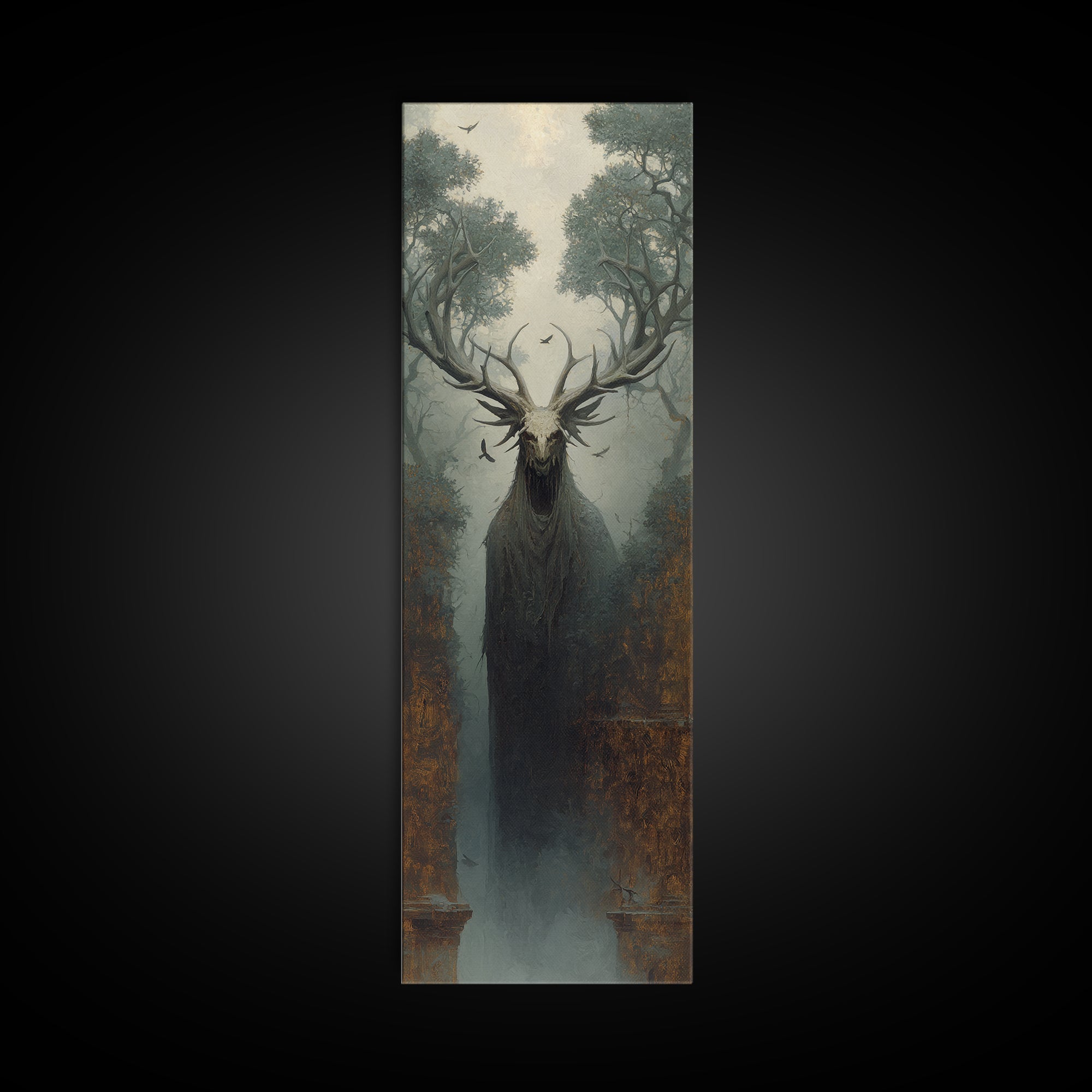 The Antlered Forest Spirit, Surreal Apocalyptic Art, Tall Narrow Wall Art, Gothic Horror Wall Art, Canvas Print, Halloween Wall Art