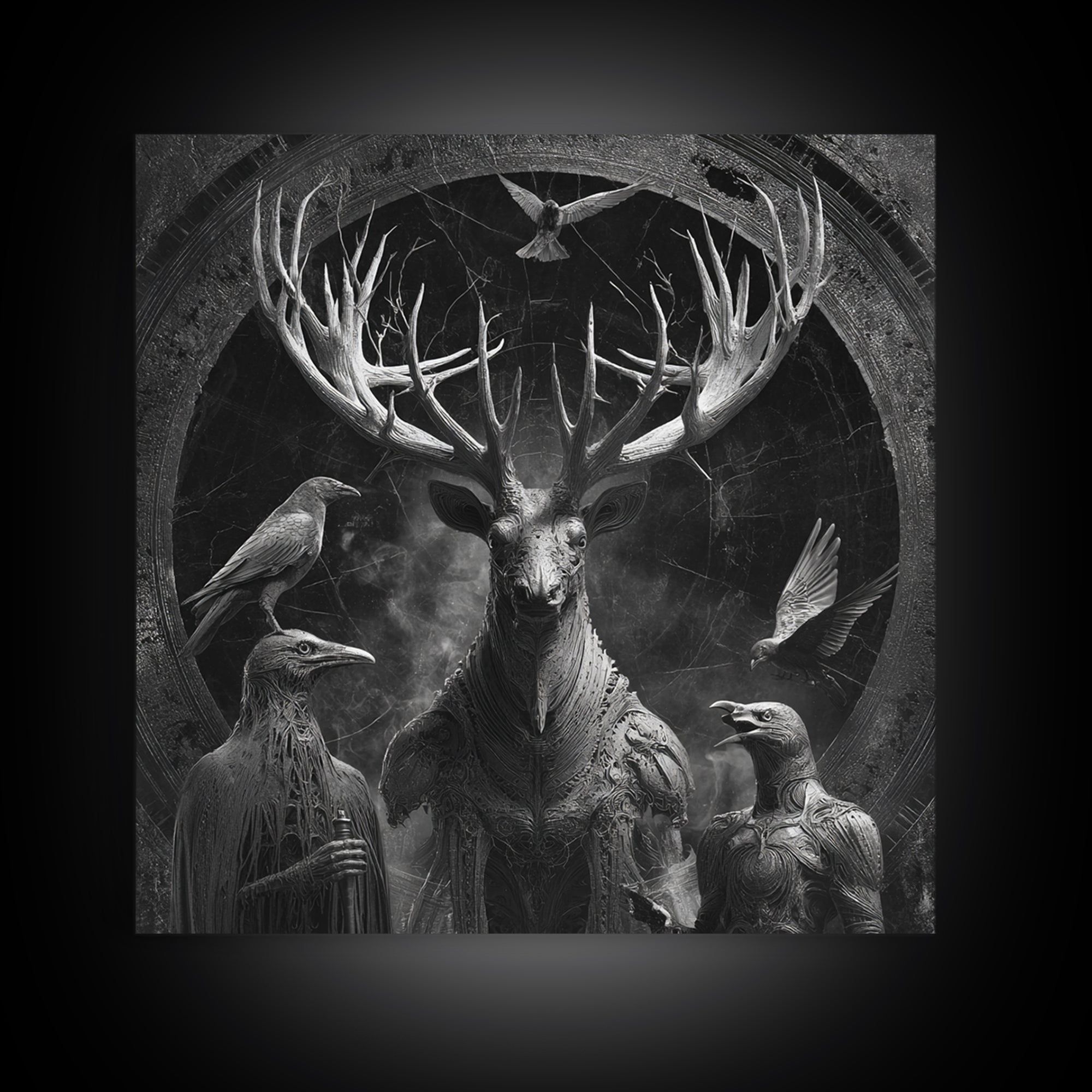 The Antlered Forest Spirit, Biomechanical Horror Art, Square Wall Art, Gothic Horror Wall Art, Canvas Print, Halloween Wall Art