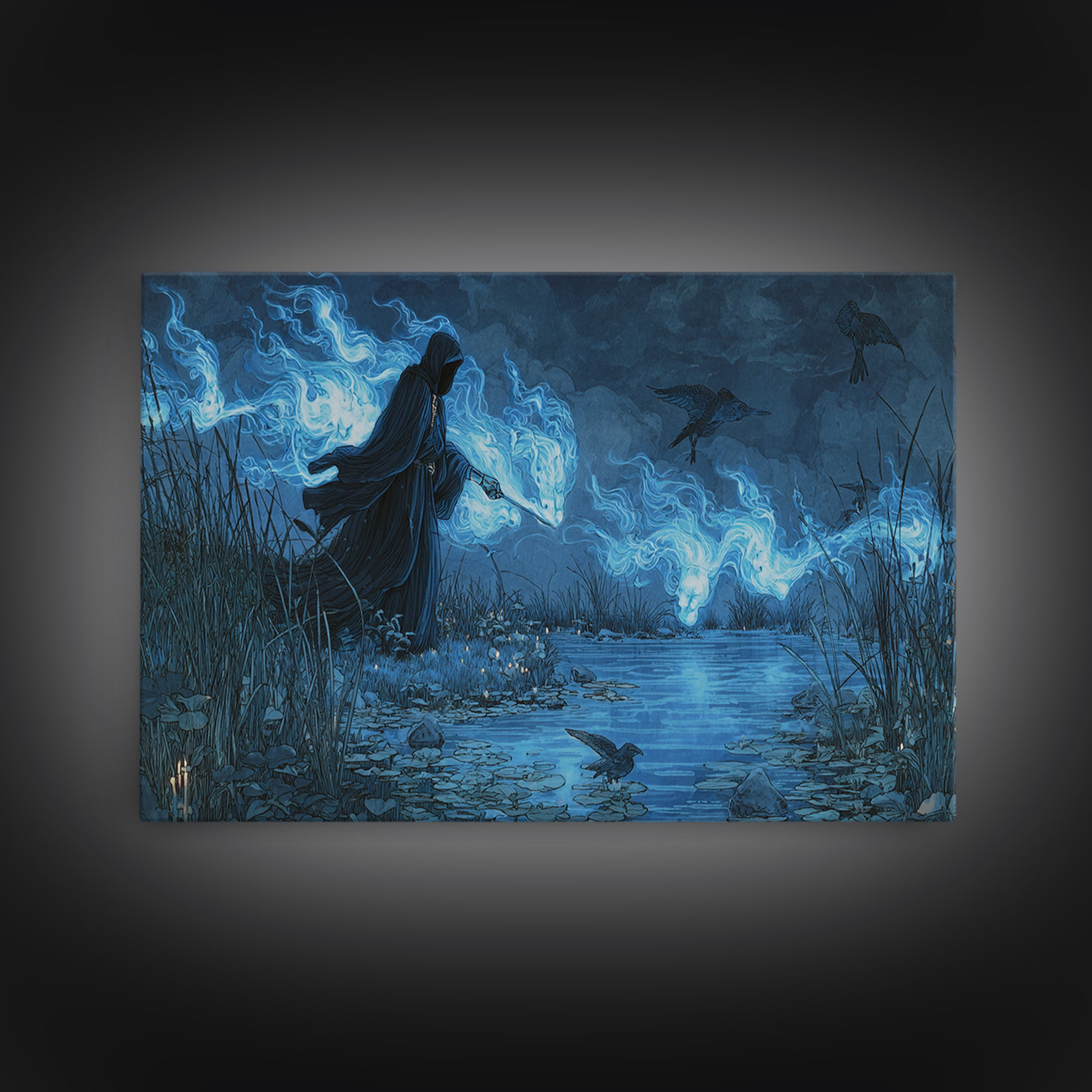 The Will-O'-The-Wisp Shepherd, Visionary Gothic Art, Wide Panoramic Art, Dark Halloween Decor, Canvas Print, Halloween Wall Art