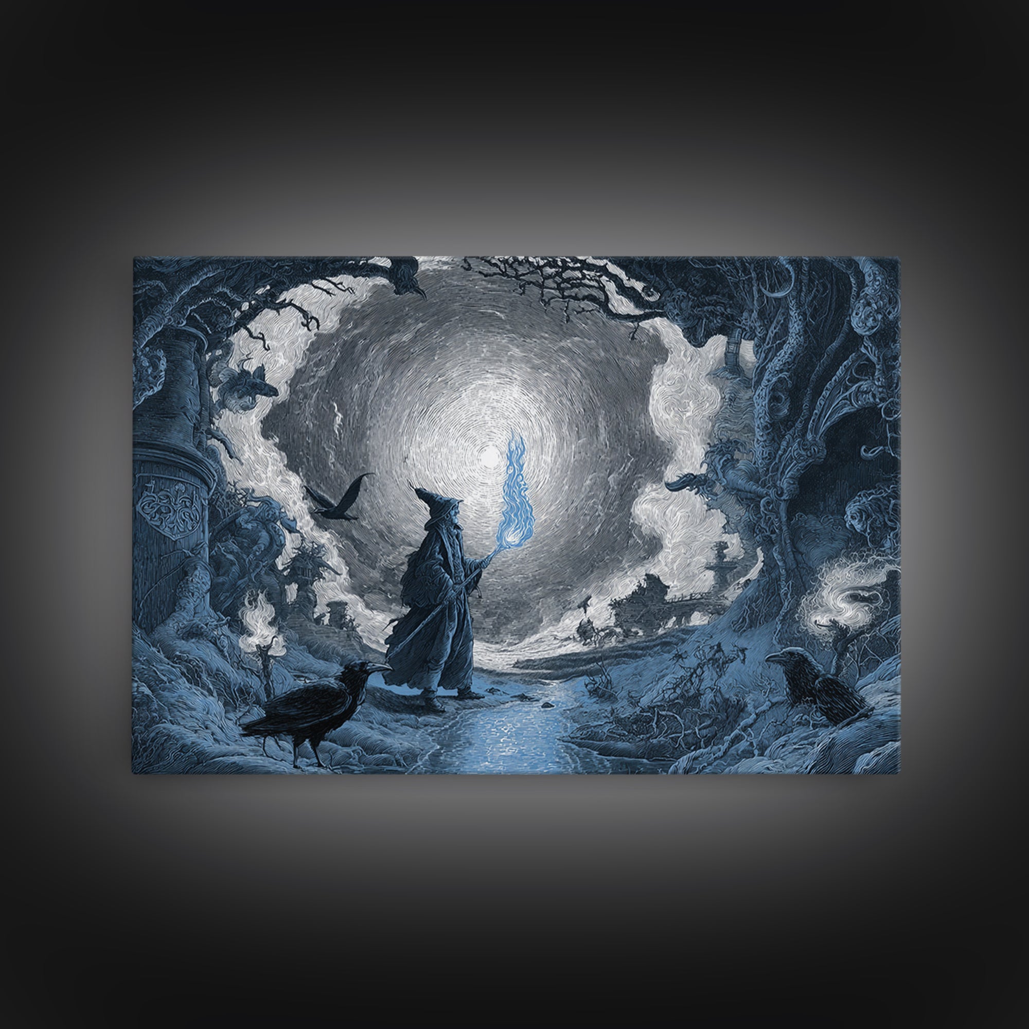 The Will-O'-The-Wisp Shepherd, Architectural Etching Art, Landscape Wall Art, Macabre Wall Art, Framed Canvas Print
