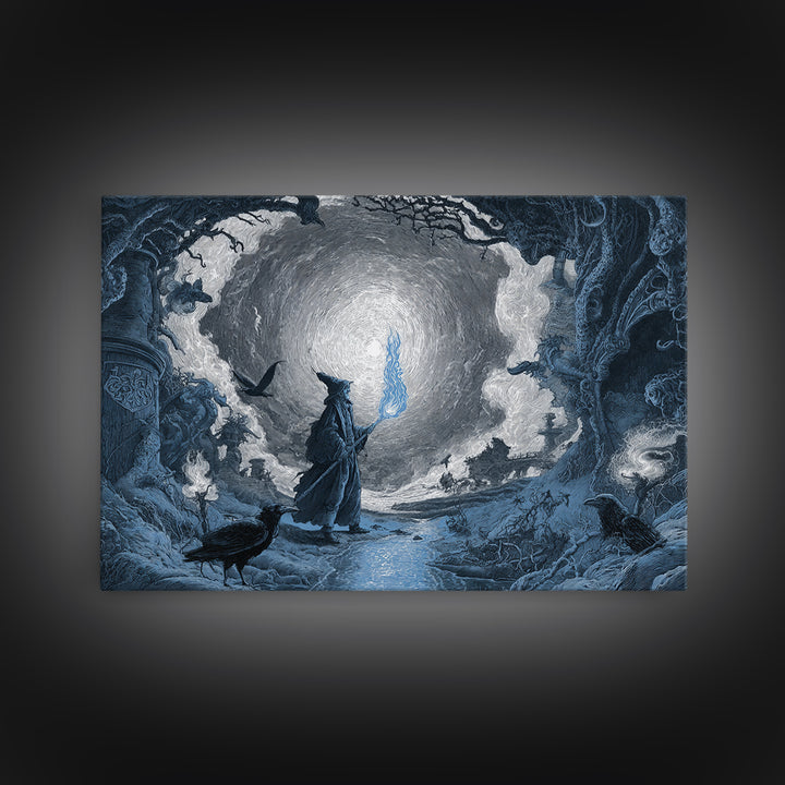 The Will-O'-The-Wisp Shepherd, Architectural Etching Art, Landscape Wall Art, Macabre Wall Art, Framed Canvas Print