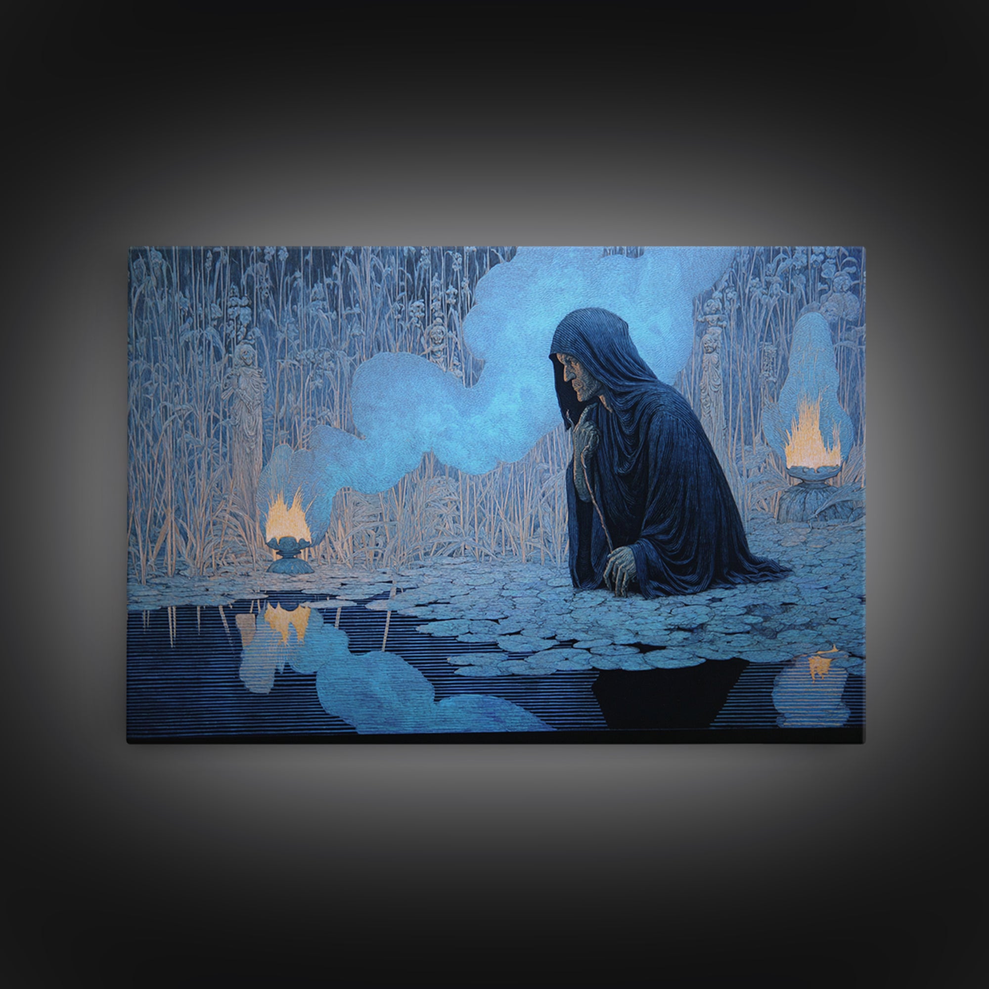 The Will-O'-The-Wisp Shepherd, Symbolist Death Art, Landscape Wall Art, Dark Halloween Decor, Canvas Print, Halloween Wall Art