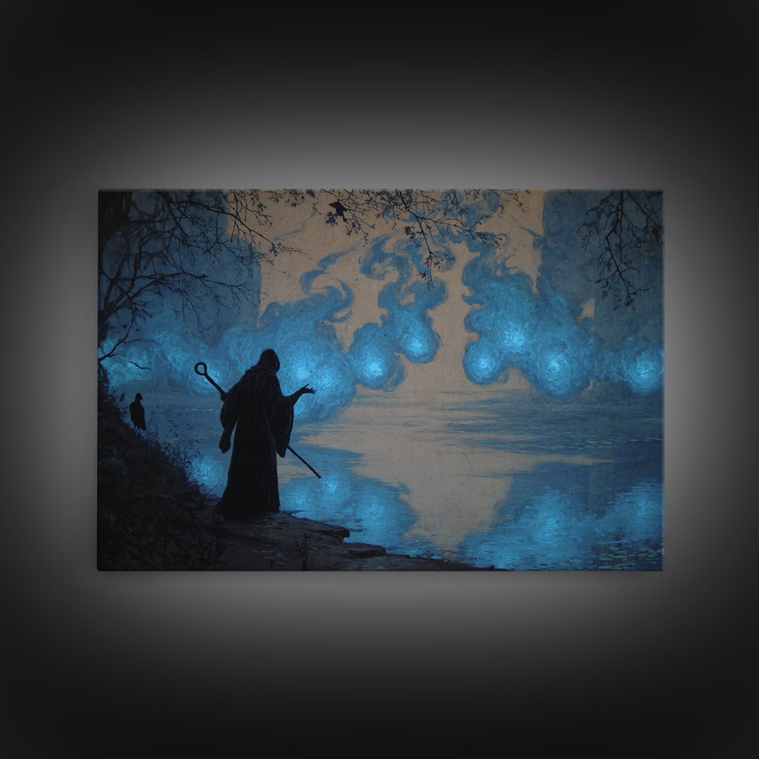The Will-O'-The-Wisp Shepherd, Dark Symbolist Art, Landscape Wall Art, Macabre Wall Art, Framed Canvas Print, Halloween Wall Art