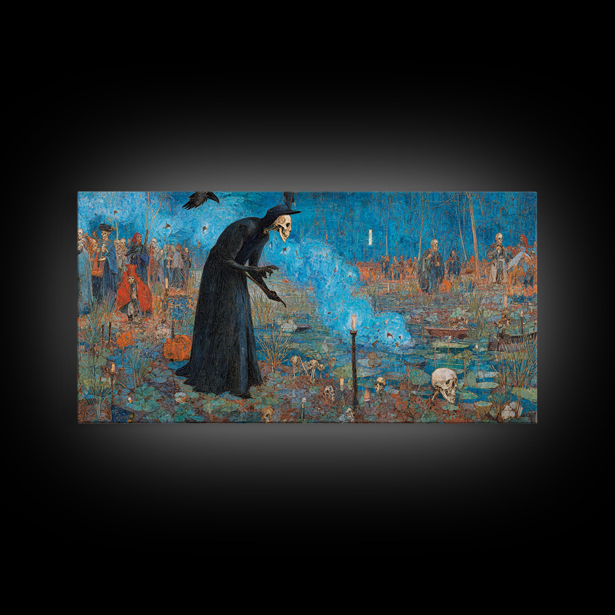 The Will-O'-The-Wisp Shepherd, Grotesque Carnival Art, Wide Panoramic Art, Dark Fantasy Wall Art, Framed Canvas Print, Halloween Wall Art