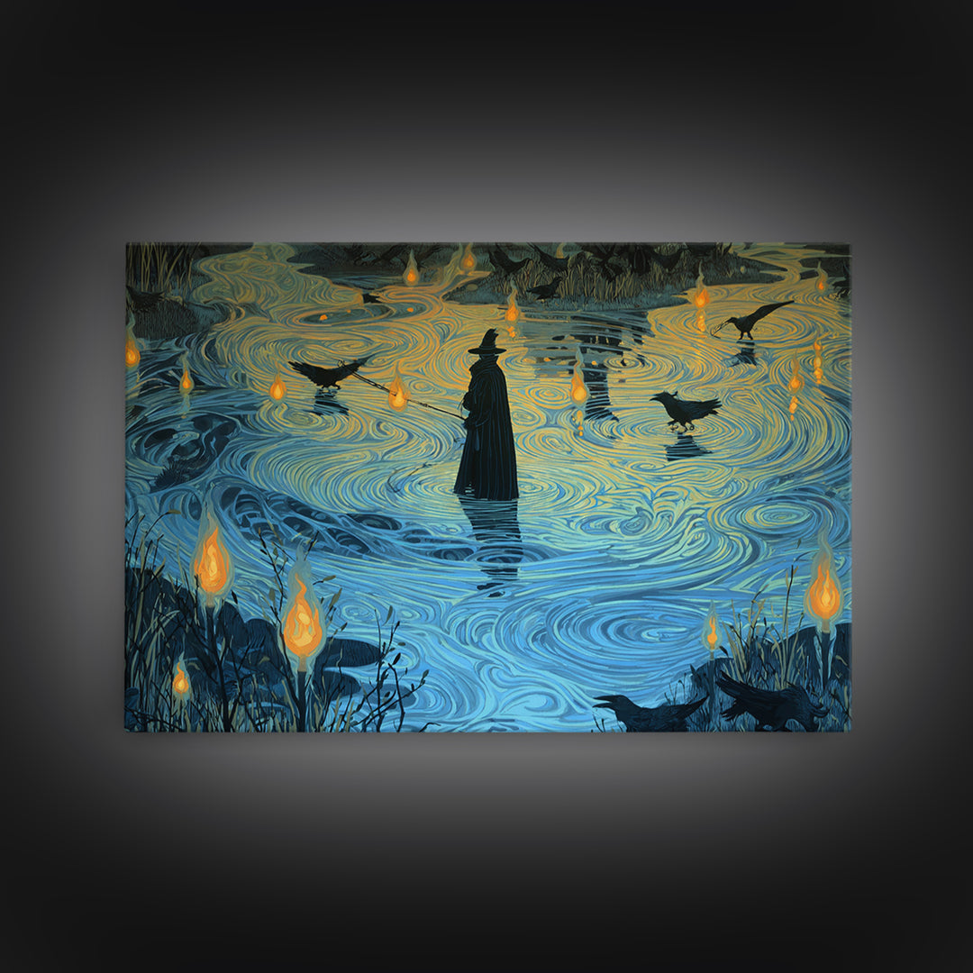 The Will-O'-The-Wisp Shepherd, Expressionist Gothic Art, Landscape Wall Art, Gothic Horror Wall Art, Canvas Print, Halloween Wall Art